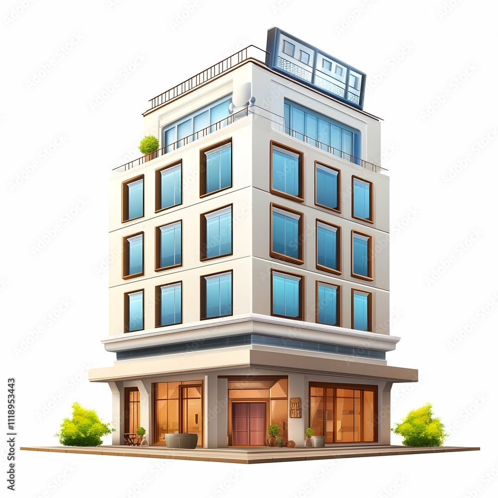 Modern multi-story building with large windows and a rooftop sign. Modern multi-story building with large windows and a rooftop sign.