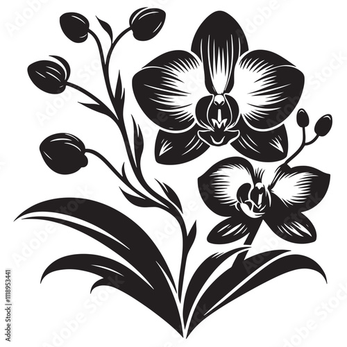 Silhouette Orchids Flowers With Leaves, orchid silhouette ,orchid sv g,orchid p ng,orchid illustrate ion,orchid, silhouette flower,vector 32