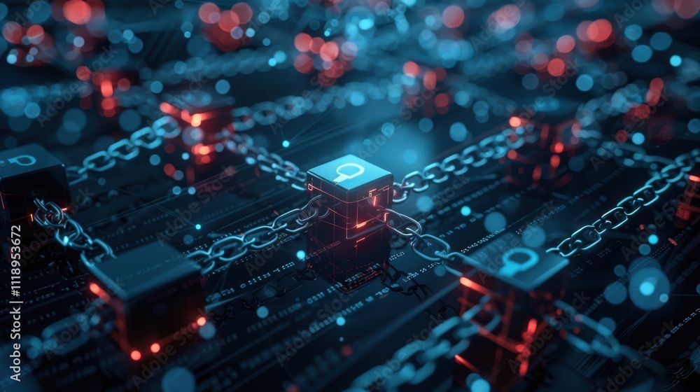 Abstract representation of blockchain technology with glowing elements. Abstract representation of blockchain technology with glowing elements.