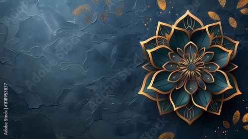 Dark blue textured background with ornate gold teal flower.