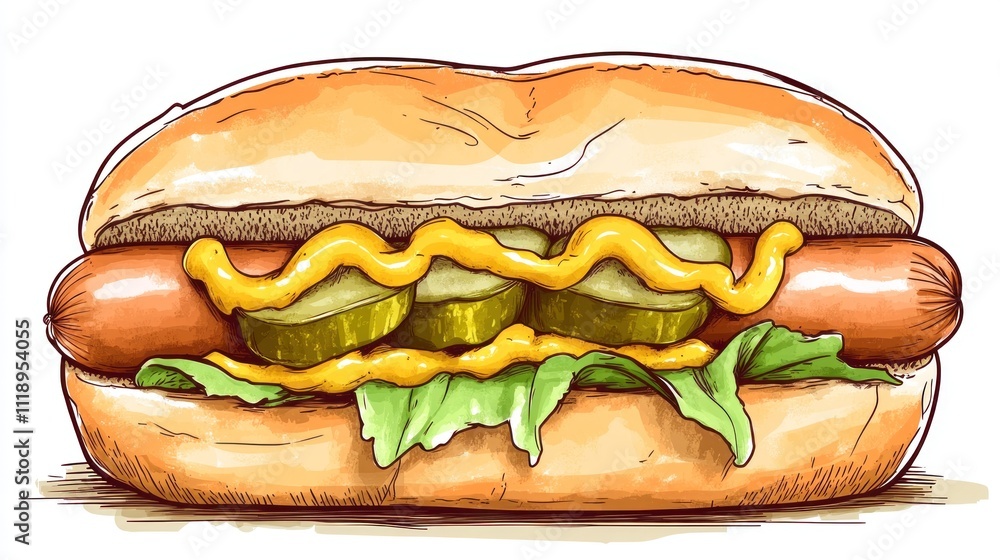A colorful illustration of a hot dog with mustard, pickles, and lettuce in a bun.
