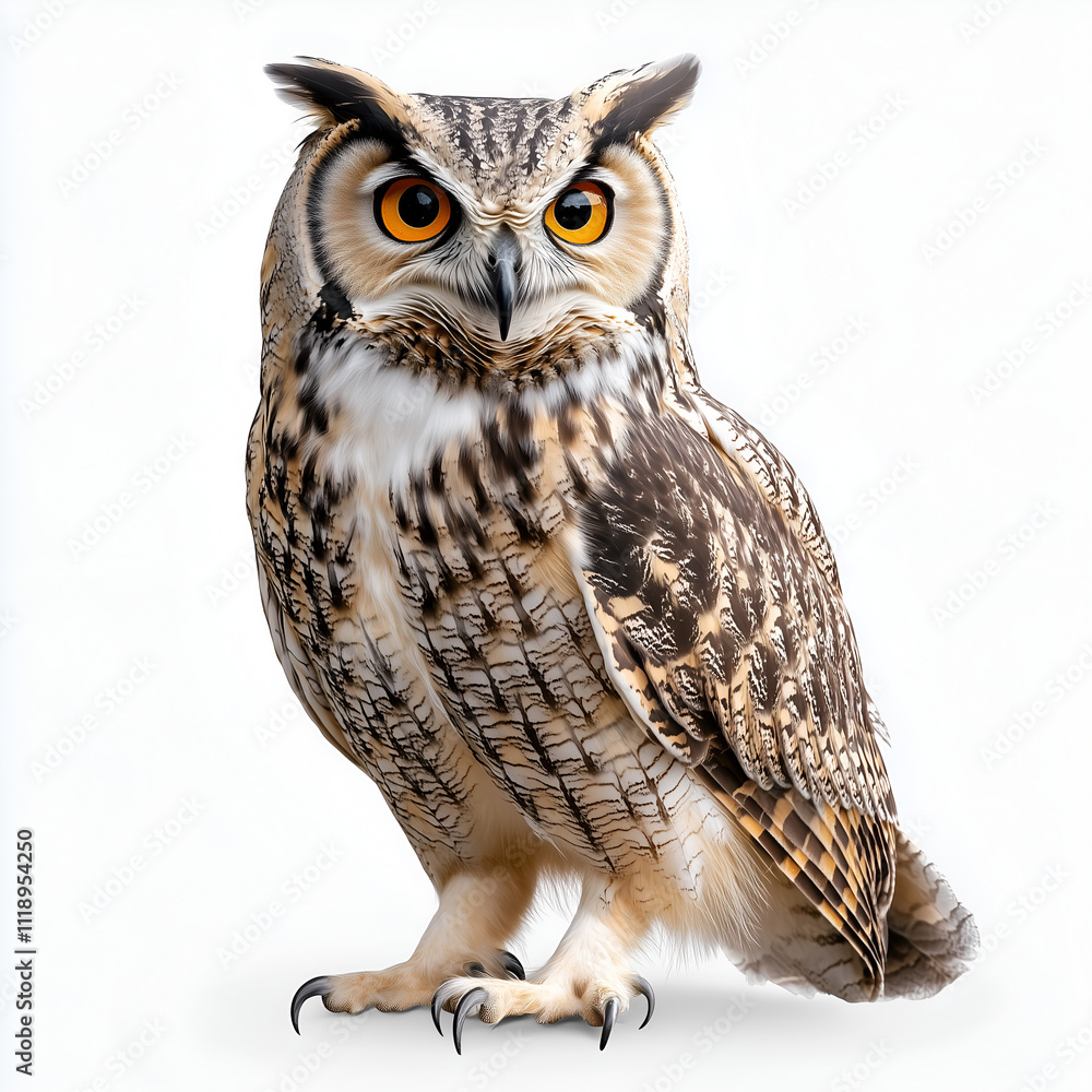 an owl sitting on a branch, against a white background. The full body of the owl is visible, including its head and feet. The owl has orange eyes and its feathers are brown with black markings. an owl sitting on a branch, against a white background. The full body of the owl is visible, including its head and feet. The owl has orange eyes and its feathers are brown with black markings.