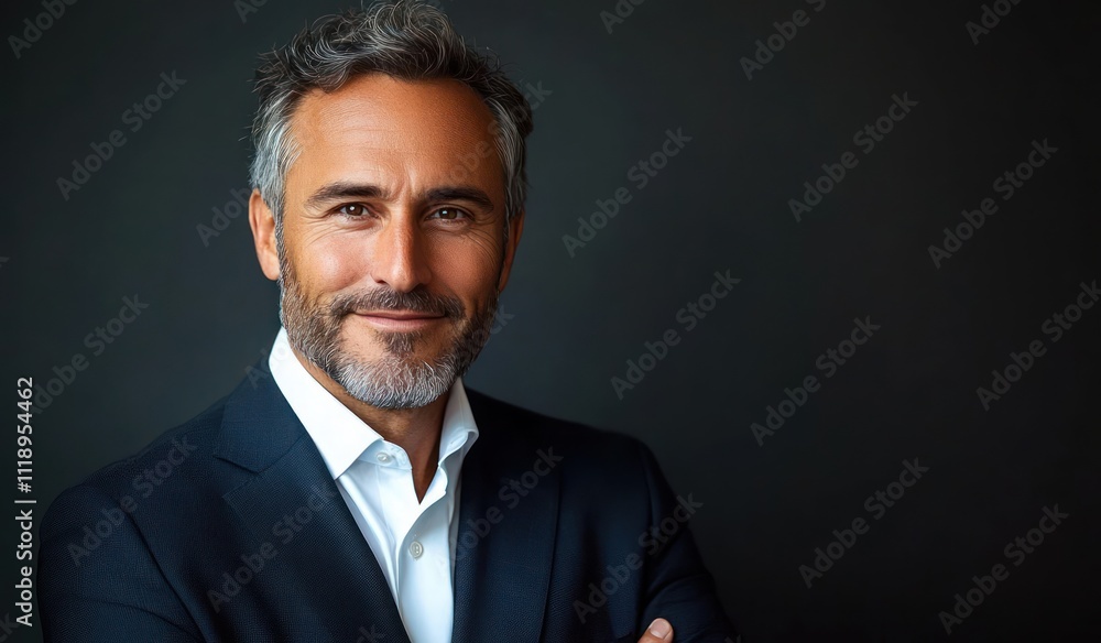 Confident senior businessman smiling in suit with arms crossed minimalist background Confident senior businessman smiling in suit with arms crossed minimalist background