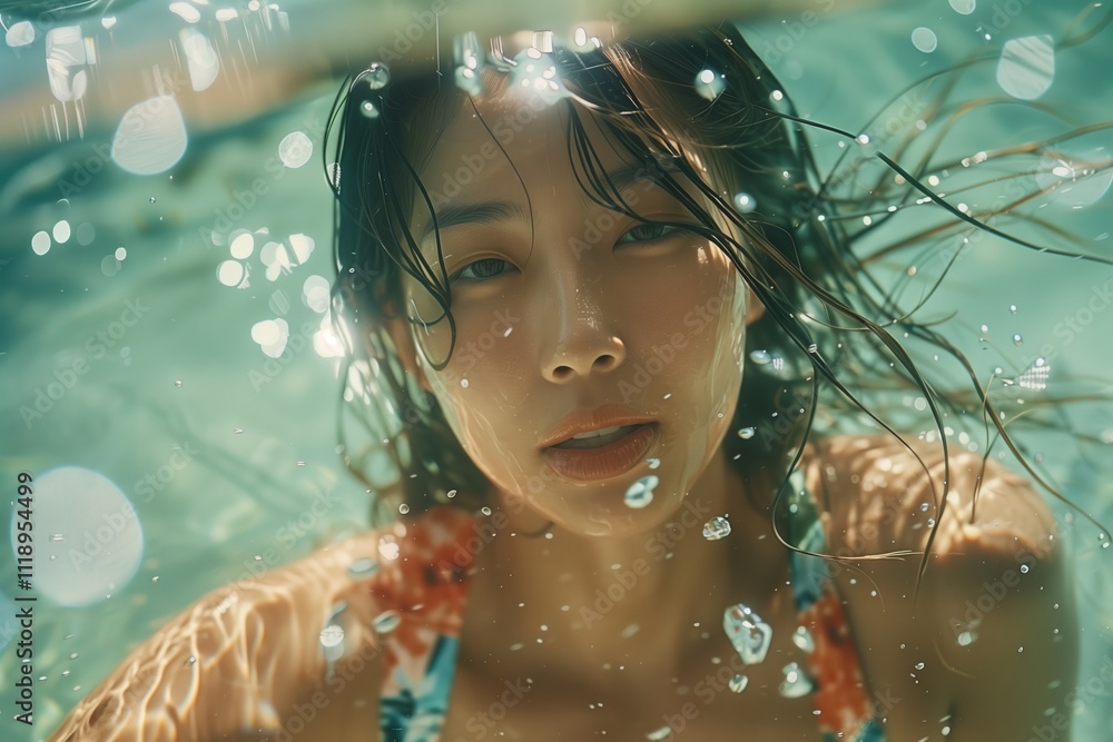 A serene underwater portrait capturing the essence of a peaceful moment. A serene underwater portrait capturing the essence of a peaceful moment.