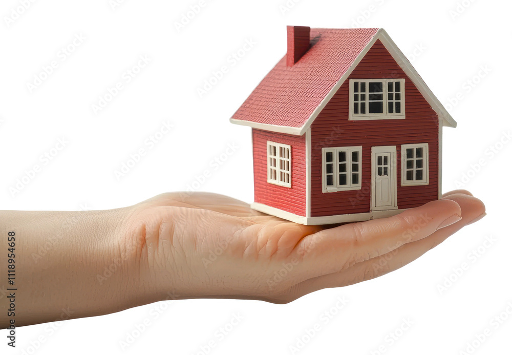 Miniature house model held in hand, cut out - stock png. Miniature house model held in hand, cut out - stock png.