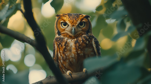 owl on branch on green leaf background photo