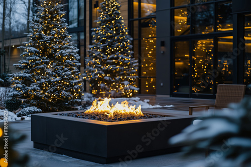 Cozy outdoor seating area by the Christmas tree with modern furniture and fire pit