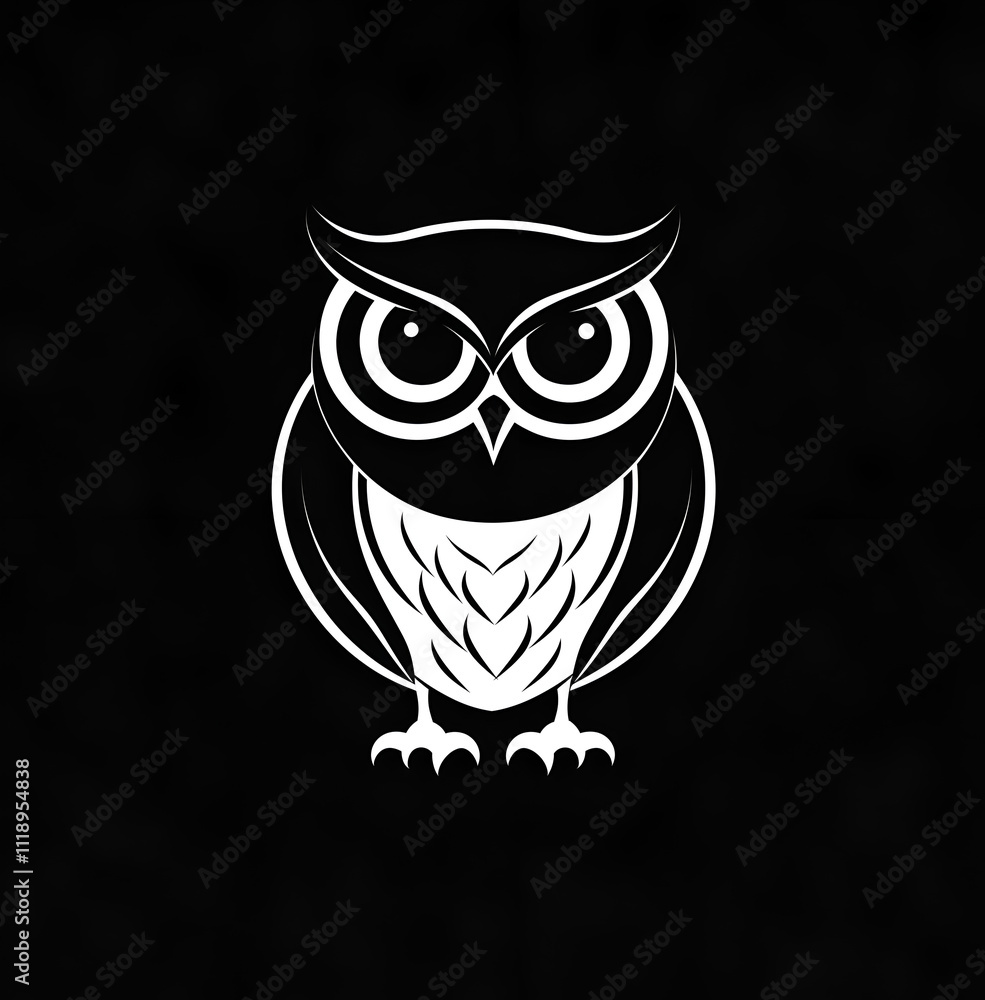 Fototapeta premium Black and white logo graphic of an owl on a black background