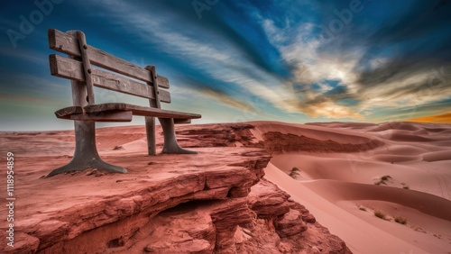 Fototapeta Naklejka Na Ścianę i Meble -  Rustic Wooden Bench Overlooking Desert Cliff and Sand Dunes

