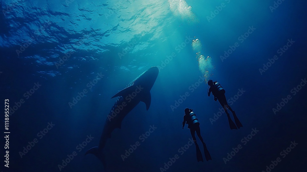 custom made wallpaper toronto digitalDivers encounter a whale shark in deep blue ocean.