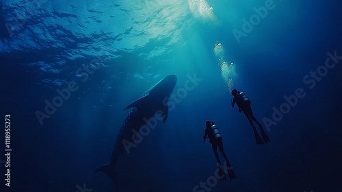 Wallpaper Mural Divers encounter a whale shark in deep blue ocean. Torontodigital.ca