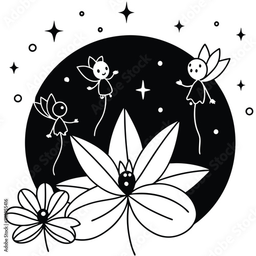 Three fairies with delicate wings dance in the moonlight. They are surrounded by blooming flowers and twinkling stars