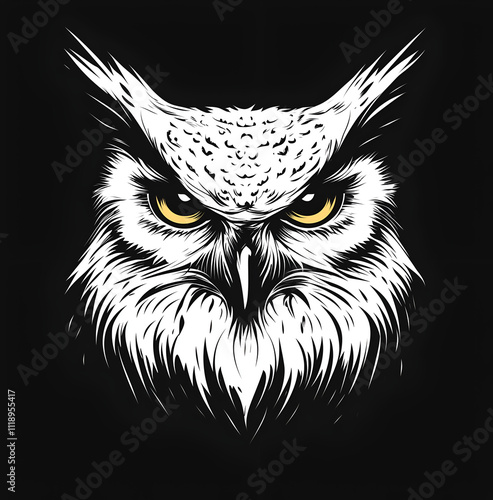 Black and white logo graphic of an owl on a black background photo