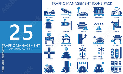 Traffic management dual tone icons set. contain accident, barricade, road closing, junction, highway, traffic light and more. Vector EPS 10 for UI or UX kit, web and app, construction, environment