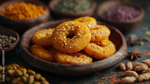 Colorful spread of traditional snacks with spices in rustic bowls on wooden table