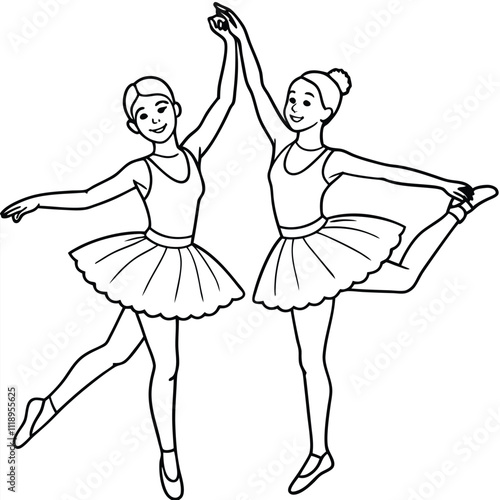 Two young ballerinas in tutus and ballet shoes practice a dance move together. They are both smiling and seem to be enjoying themselves