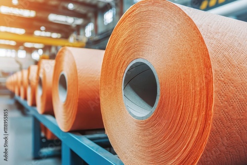 A close-up view of large orange rolls of material stacked in a factory setting, showcasing textile production and industrial processes. photo