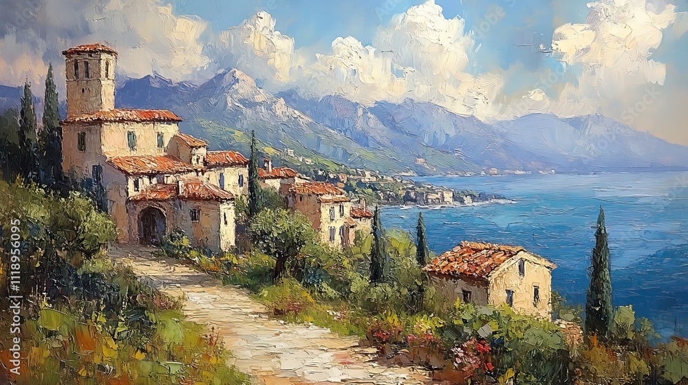 Obraz premium An oil painting of Italian buildings, capturing a picturesque and artistic scene