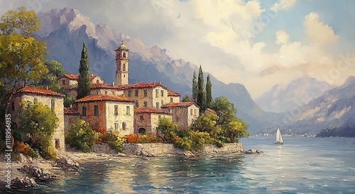An oil painting of Italian buildings, capturing a picturesque and artistic scene