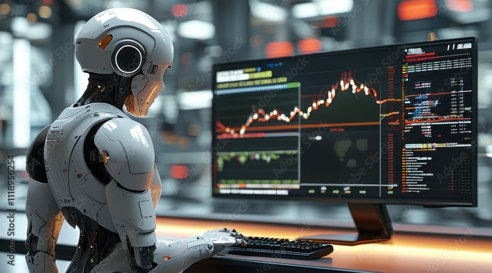 Futuristic Humanoid Robot Analyzing Stock Market Data Futuristic Humanoid Robot Analyzing Stock Market Data