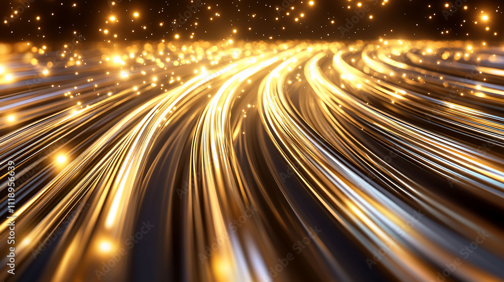 Abstract glowing gold lines, light streaks, particles. Abstract glowing gold lines, light streaks, particles.
