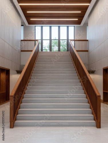 A modern staircase featuring wooden railings and large windows, creating a bright and inviting atmosphere.