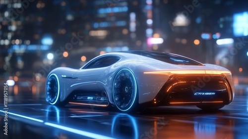 Futuristic Car with Glowing Lights in a Vibrant Cityscape