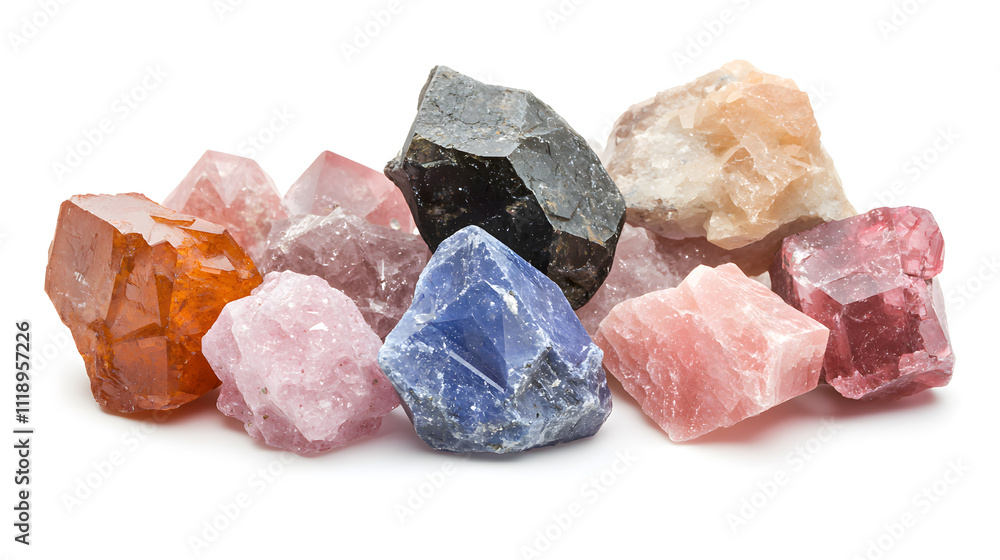 3d illustration of Rare earth minerals innovation to supply in the industry. Colorful crystals displayed in a natural arrangement against a white background. 3d illustration of Rare earth minerals innovation to supply in the industry. Colorful crystals displayed in a natural arrangement against a white background.