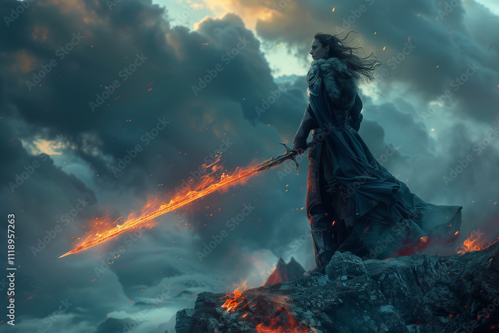 A warrior standing boldly with a flaming sword against a dramatic, stormy sky backdrop. A warrior standing boldly with a flaming sword against a dramatic, stormy sky backdrop.