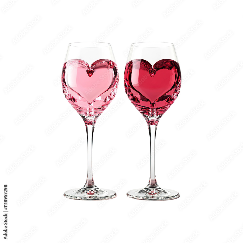 Two Elegant Wine Glasses with Heart-Shaped Design Filled with Pink and Red Wine on White Background Two Elegant Wine Glasses with Heart-Shaped Design Filled with Pink and Red Wine on White Background