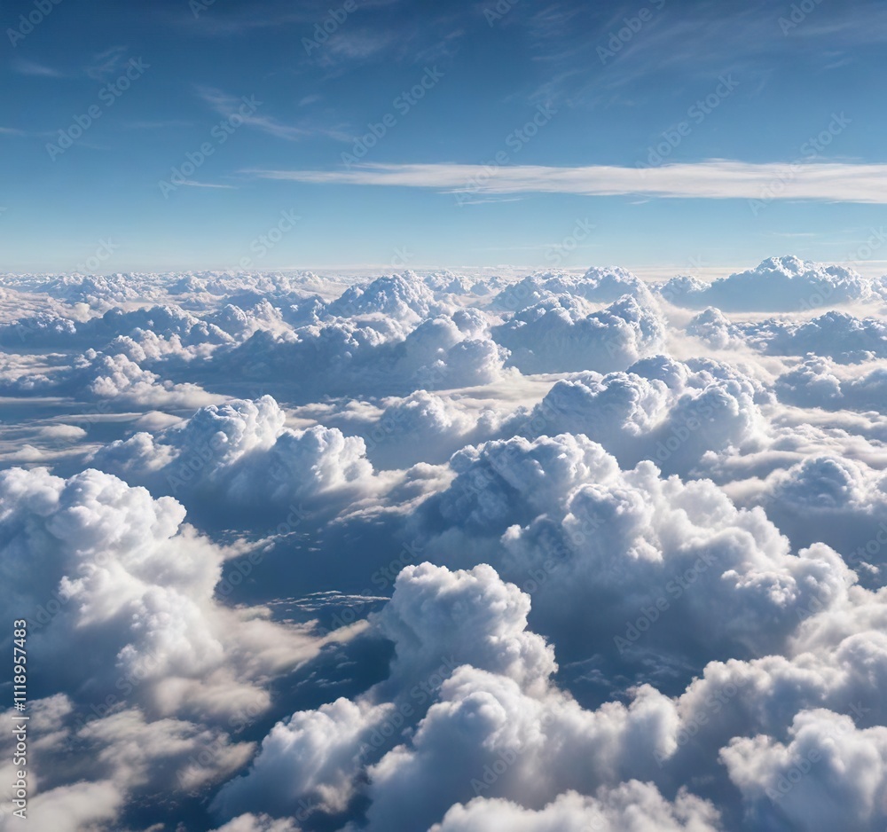 Clouds gently drift across the blue sky from a high altitude plane window, depth, horizon, airplane Clouds gently drift across the blue sky from a high altitude plane window, depth, horizon, airplane