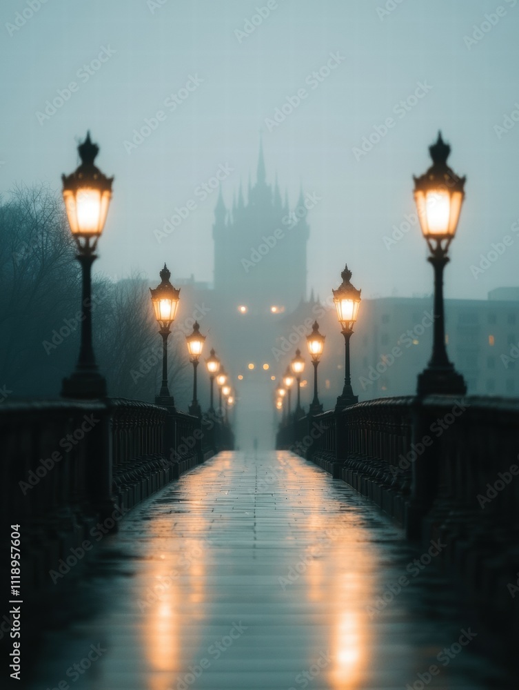 A misty evening scene of a bridge lined with glowing street lamps, leading towards a distant castle-like structure shrouded in fog.