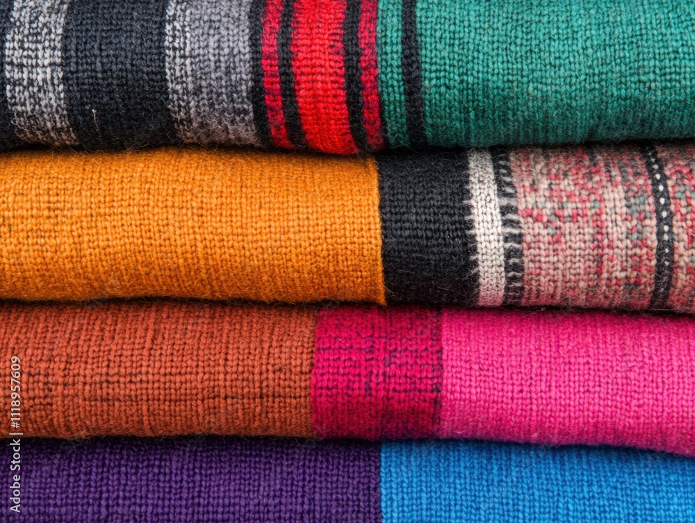 A vibrant stack of woven fabrics showcasing various colors and textures, perfect for crafting or decoration. A vibrant stack of woven fabrics showcasing various colors and textures, perfect for crafting or decoration.