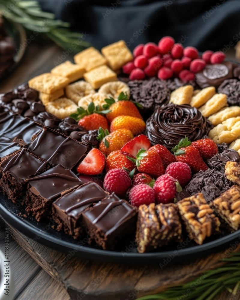 A colorful dessert platter featuring chocolates, fruits, and pastries. A colorful dessert platter featuring chocolates, fruits, and pastries.