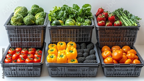 Assorted plastic crates for fruits and vegetables, shown in various positions on a white background photo