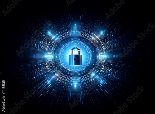 A glowing blue padlock at the center of a digital circular interface, radiating energy and representing cybersecurity and data protection. photo