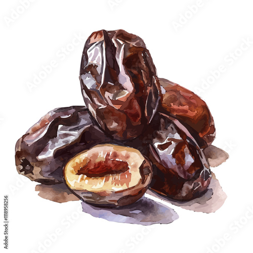 A watercolor of dried dates, isolated on a white background. Dried dates vector.