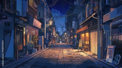 A quiet, illuminated street scene at night in a traditional setting.
