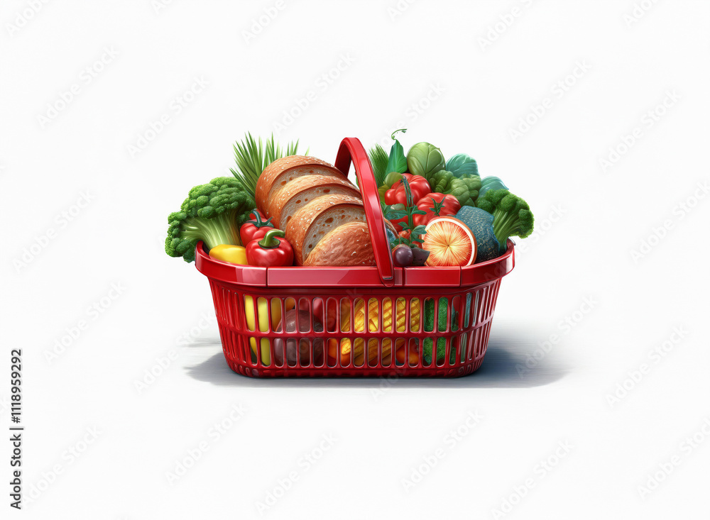 A red plastic shopping basket overflows with fresh bread and a colorful assortment of vegetables, suggesting a healthy and nutritious grocery haul. A red plastic shopping basket overflows with fresh bread and a colorful assortment of vegetables, suggesting a healthy and nutritious grocery haul.