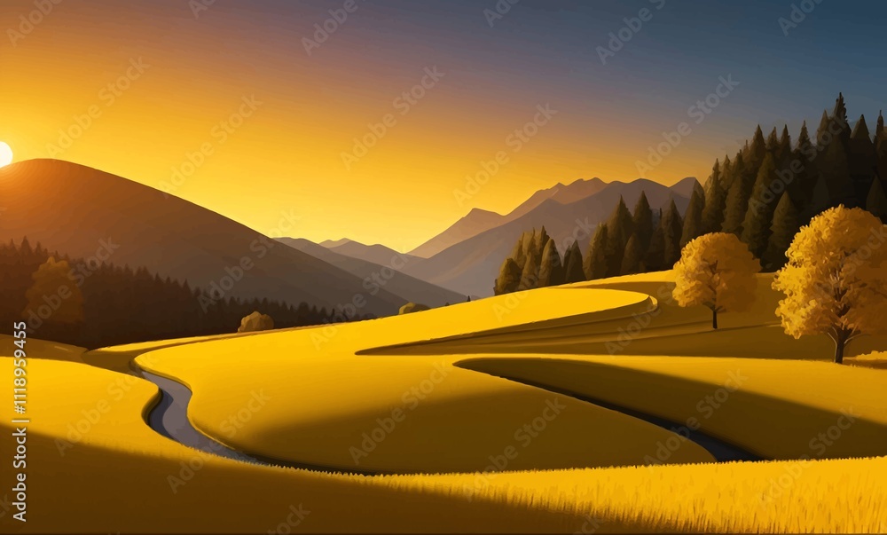 Obraz premium Beautiful and Peaceful Nature Scenery Illustration Landscape Countryside Tranquil Vibrant and Colorful