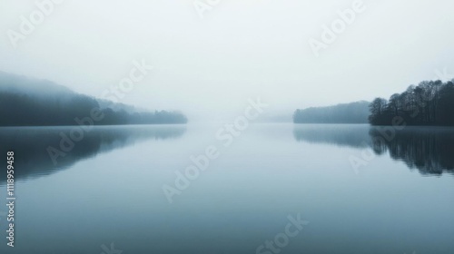 A serene, foggy lake reflecting trees and mountains in calm waters.