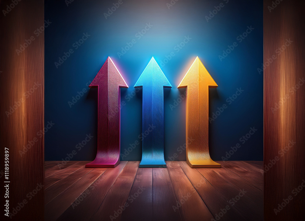 Three glowing arrows point upward, symbolizing growth and progress ...