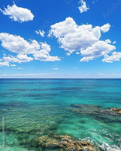 A serene ocean view with clear turquoise waters and fluffy clouds.