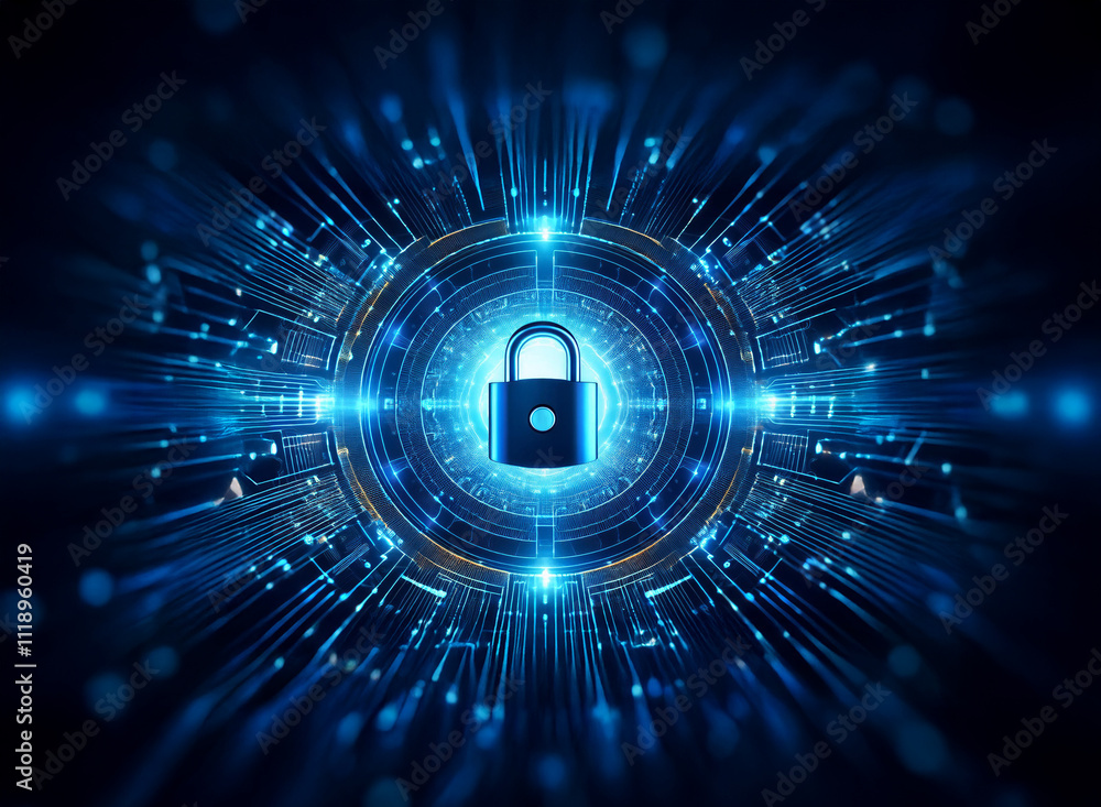 Obraz premium A glowing blue digital padlock at the center of a circular technological interface, radiating energy and symbolizing cybersecurity and data protection.