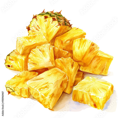 A watercolor of dried pineapple chunks, isolated on a white background. Dried pineapple chunks vector.