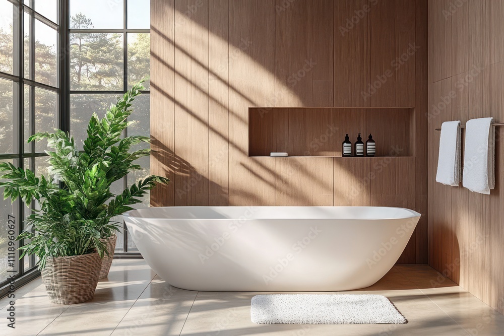 Fototapeta premium Minimalist bathroom interior with freestanding bathtub wooden wall panels natural light modern design serene atmosphere