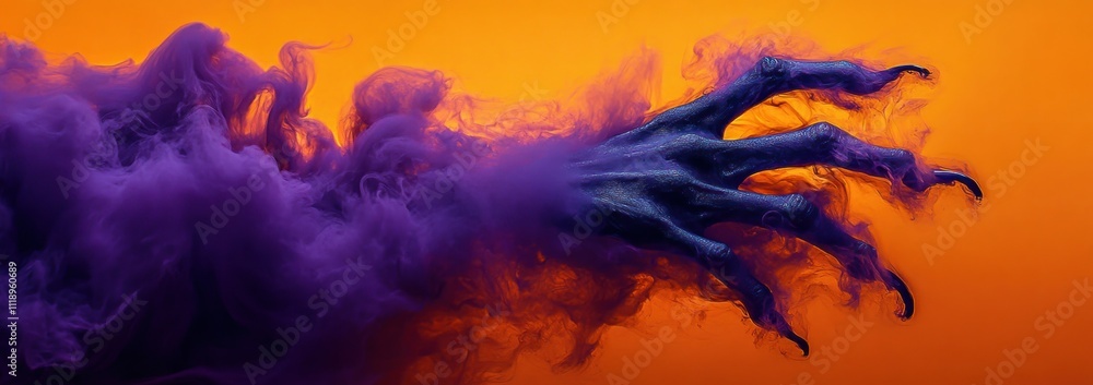 Eerie Halloween Witch Hands Emerging from Purple Smoke with Orange Background, Witchcraft and Dark Magic Art Eerie Halloween Witch Hands Emerging from Purple Smoke with Orange Background, Witchcraft and Dark Magic Art