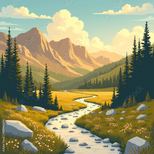 Yellowstone National Park Nature is calling beautiful scenery, with river and pine tree, cartoon-style 