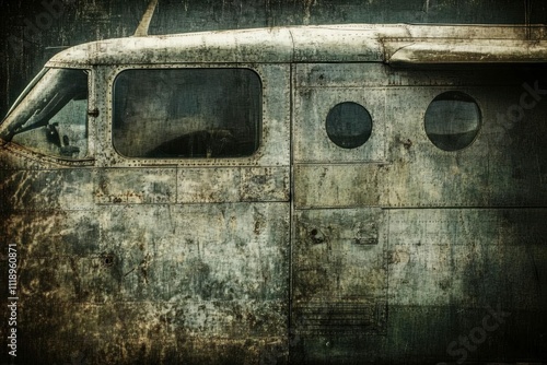 Close-up of a weathered aircraft fuselage with circular windows.