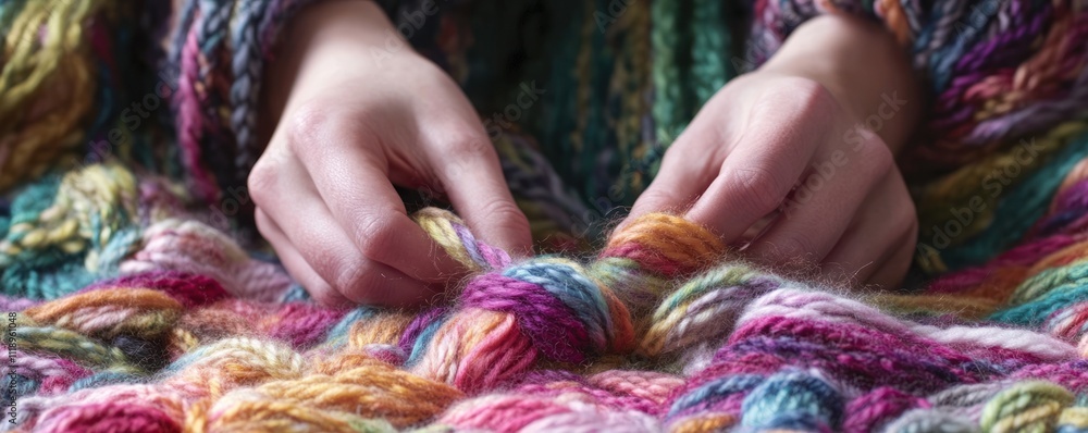 A close-up of hands weaving colorful yarn into a textured knitted fabric.